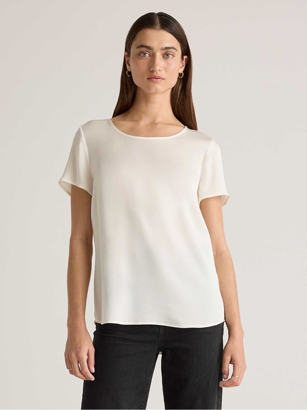 Quince Washable Stretch Silk Blouse Ivory White Short Sleeve Top Women’s Small